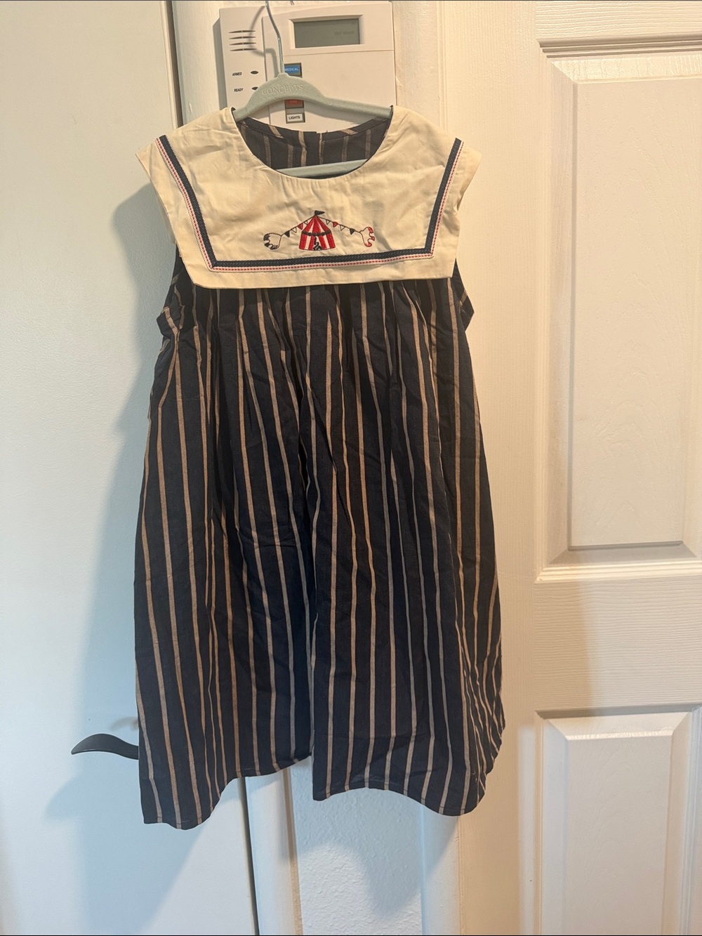 PatPat Navy and Cream Striped Sailor Dress with Red Embroidery